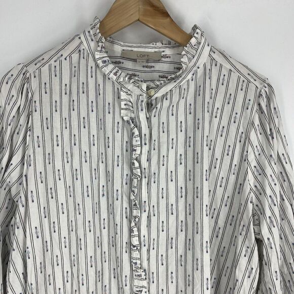 LOFT Top Size XL White Clip Ruffle Stripe Long Sleeve Shirt Button Up Prairie - Picture 2 of 7
